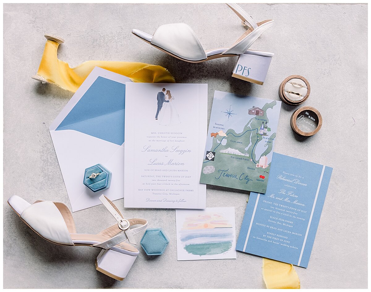 Wedding flat lay for emotional Bay View wedding in Traverse City, Michigan.